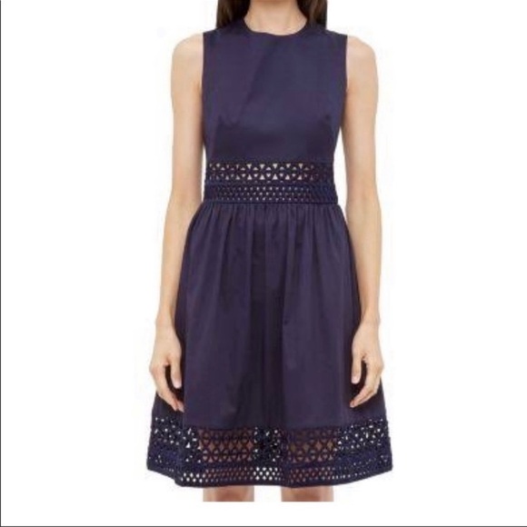 Ted Baker London Navy Blue Eyelet Crochet Lace Panel Fit & Flare Dress - Picture 3 of 11
